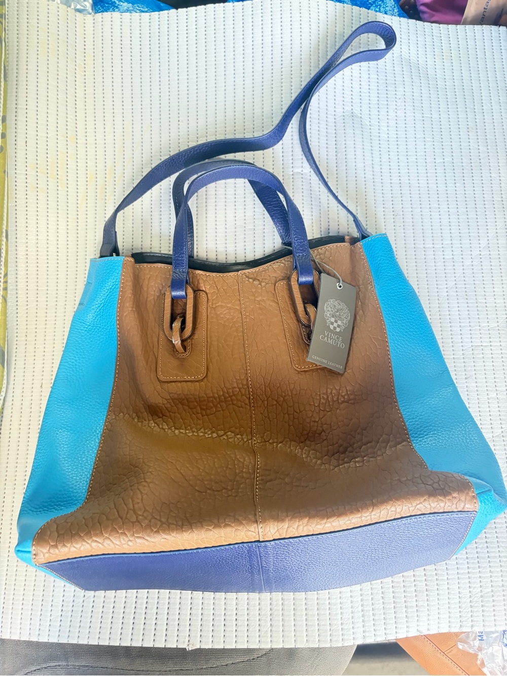 Vince Camuto Brown, Bright Blue & Navy Tri-Color Leather Tote